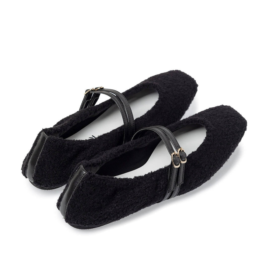 Flavie -Boa Cloth Double Strap Black ボアクロス ダブルストラップ