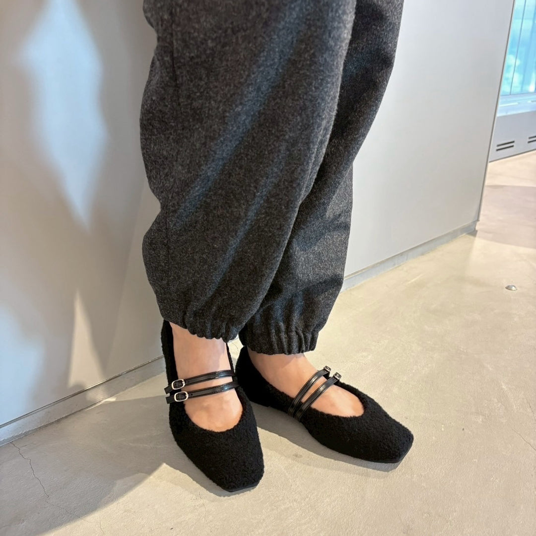 Flavie -Boa Cloth Double Strap Black ボアクロス ダブルストラップ